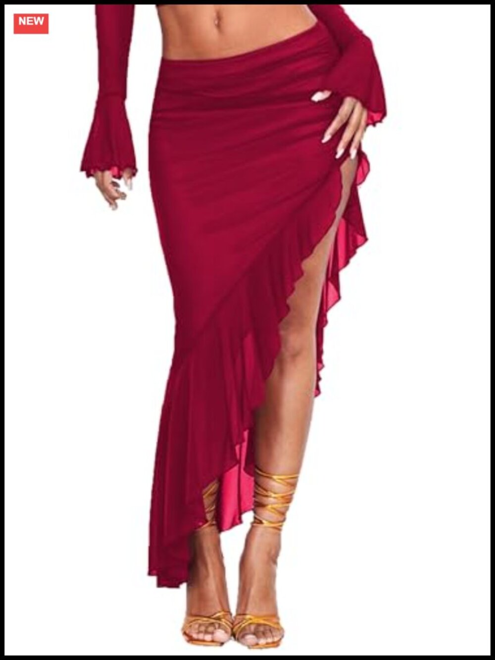 High Waisted Asymmetrical Ruched Mesh Ruffle Trim Midi Skirt